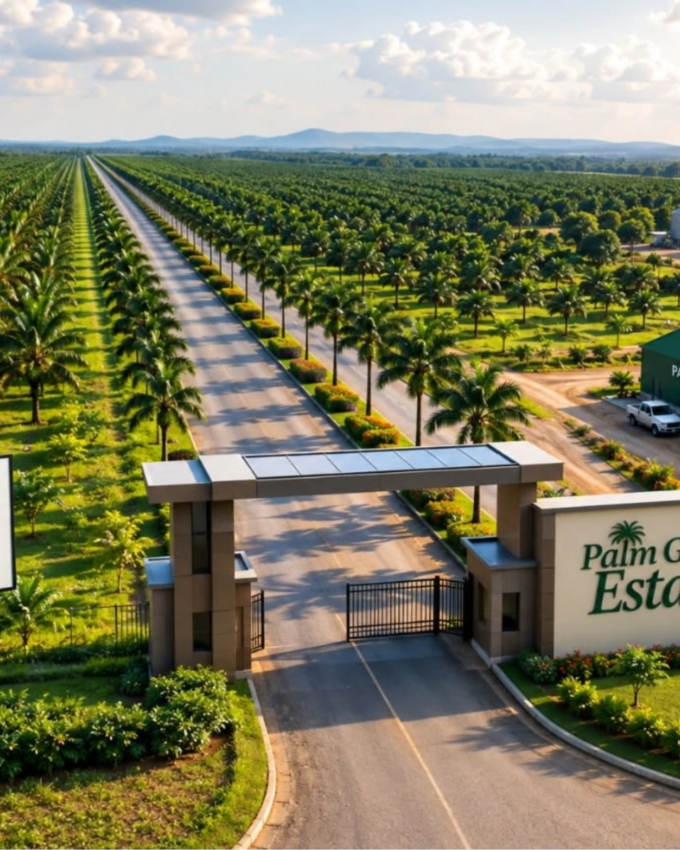 Artist's impression of Palm Grove Estate by Jaylead AgriEstate Limited: a gated entrance and road through rows of oil palms, with an operations center and silos beyond.