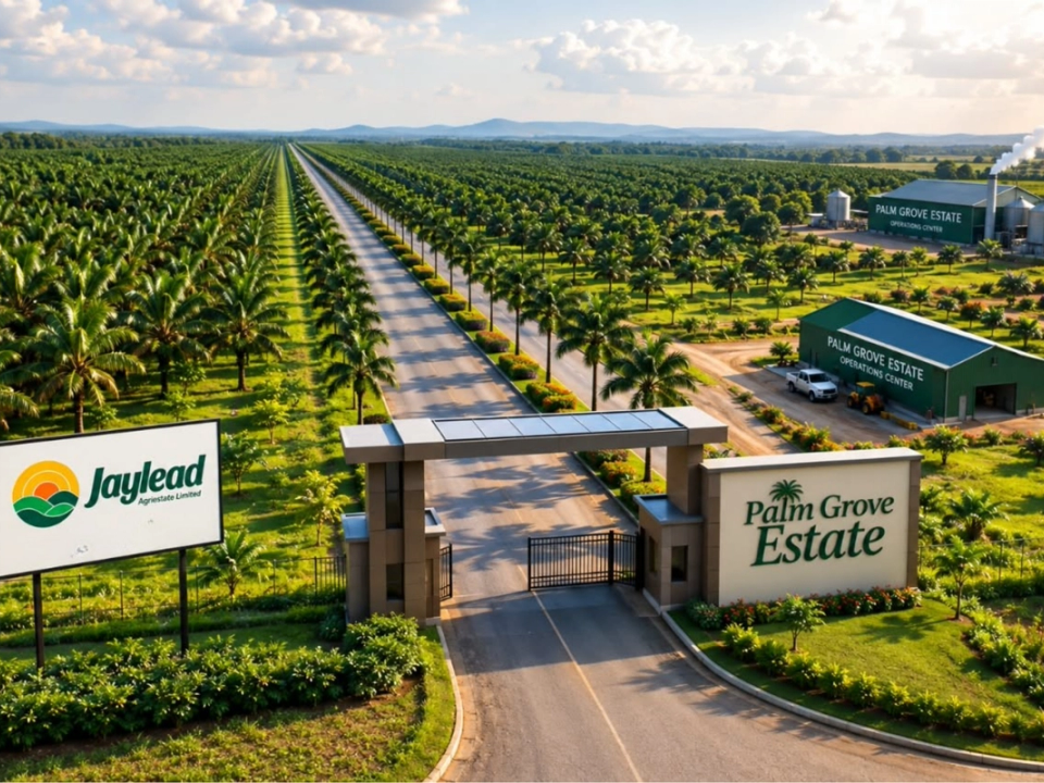Artist's impression of Palm Grove Estate by Jaylead AgriEstate Limited: a gated entrance and road through rows of oil palms, with an operations center and silos beyond.
