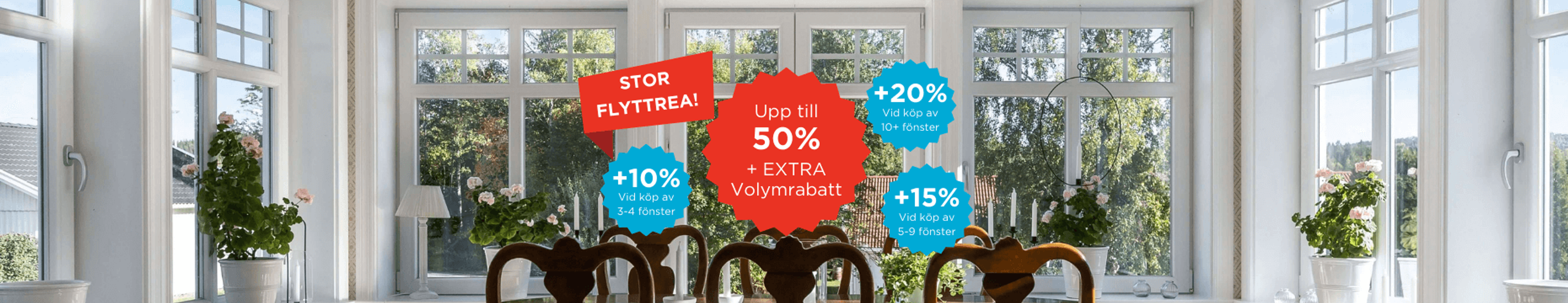 Vardagsrum med PVC fönster och kampanjtext med upp till 50% rabatt