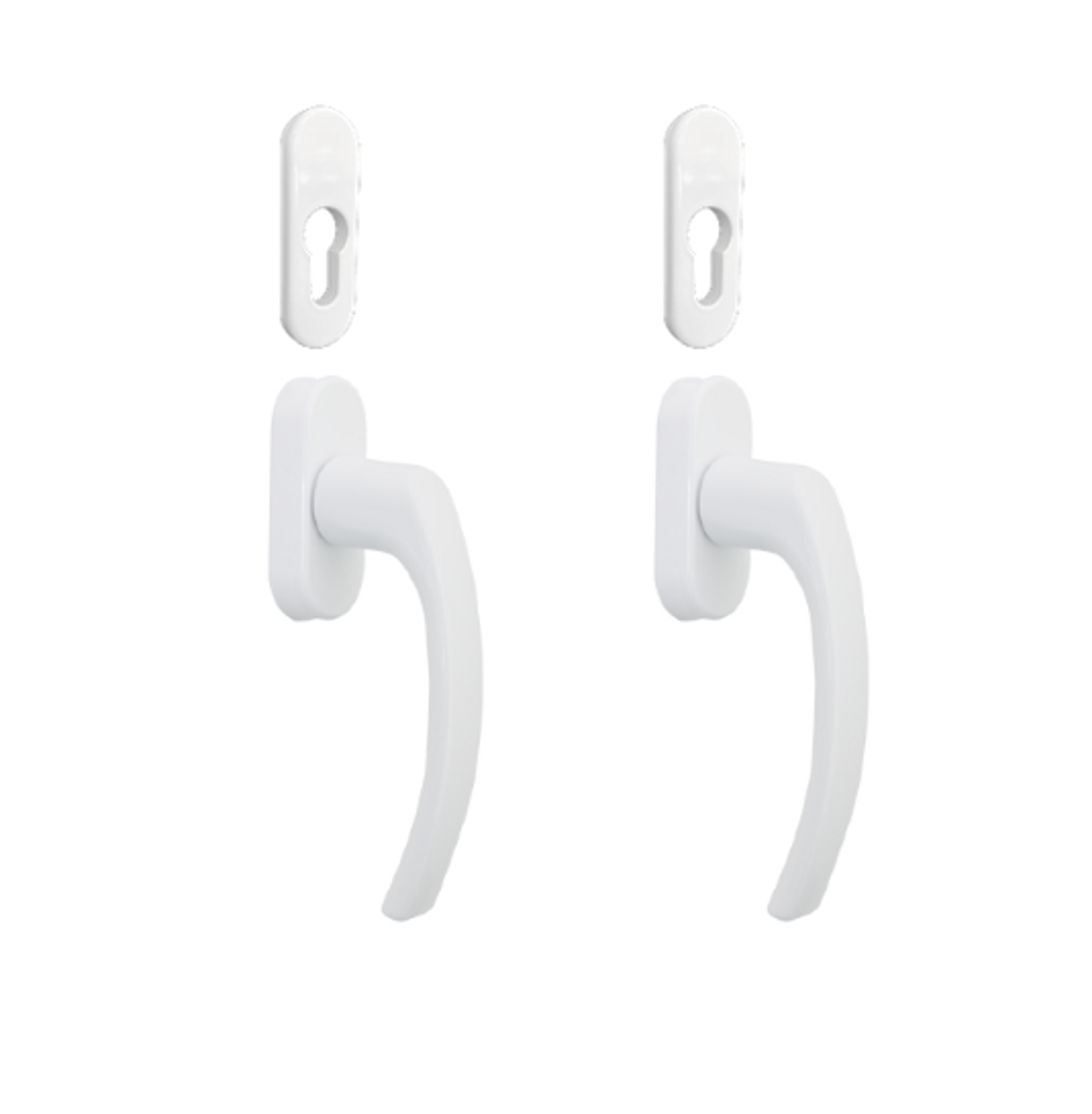 Vitt handtag med cylinderlås. Antingen invändigt eller både invändigt och utvändigt Vitt handtag med cylinderlås. Antingen invändigt eller både invändigt och utvändigt