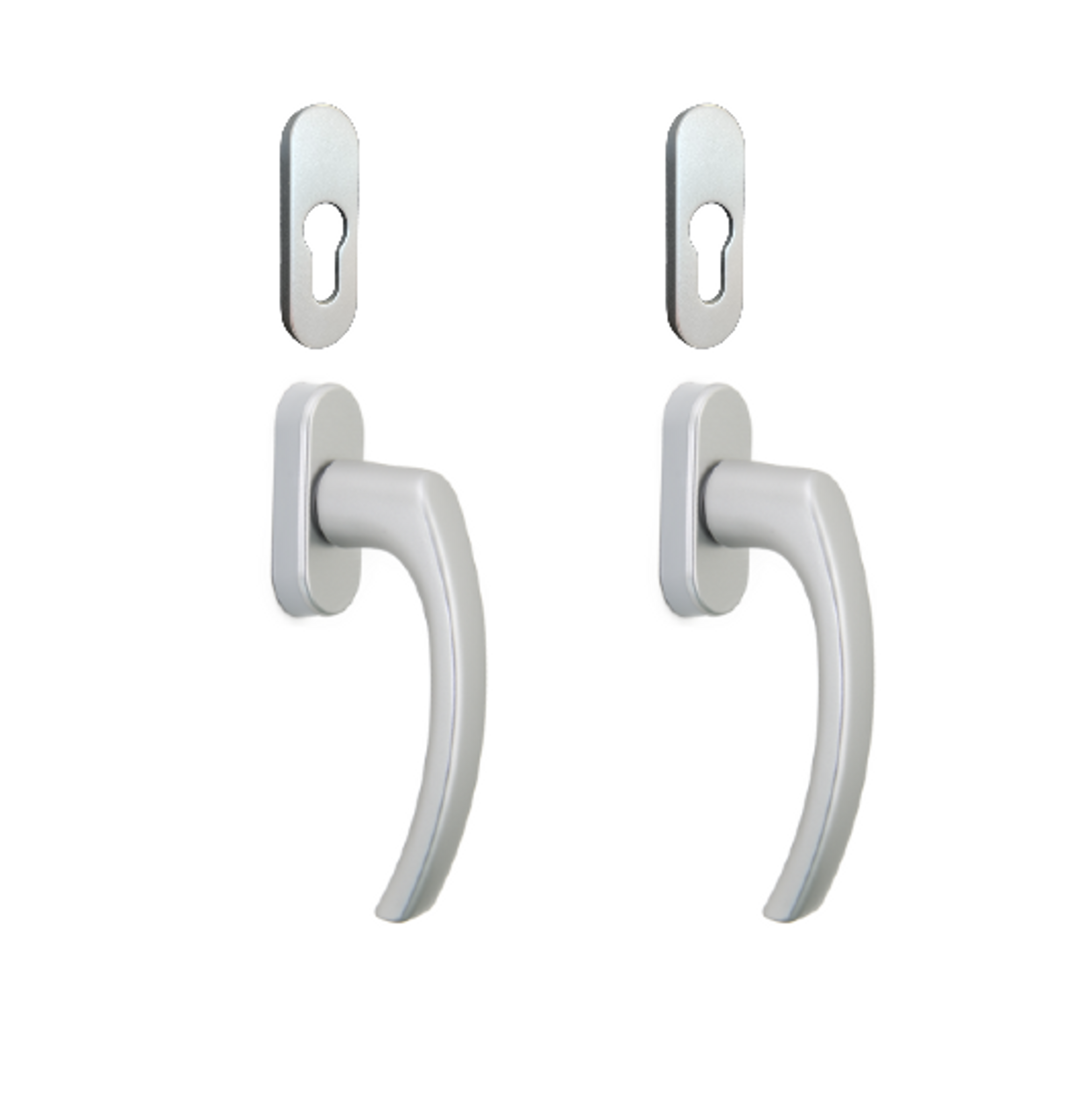 Silvrigt handtag med cylinderlås. Antingen invändigt eller både invändigt och utvändigt Silvrigt handtag med cylinderlås. Antingen invändigt eller både invändigt och utvändigt