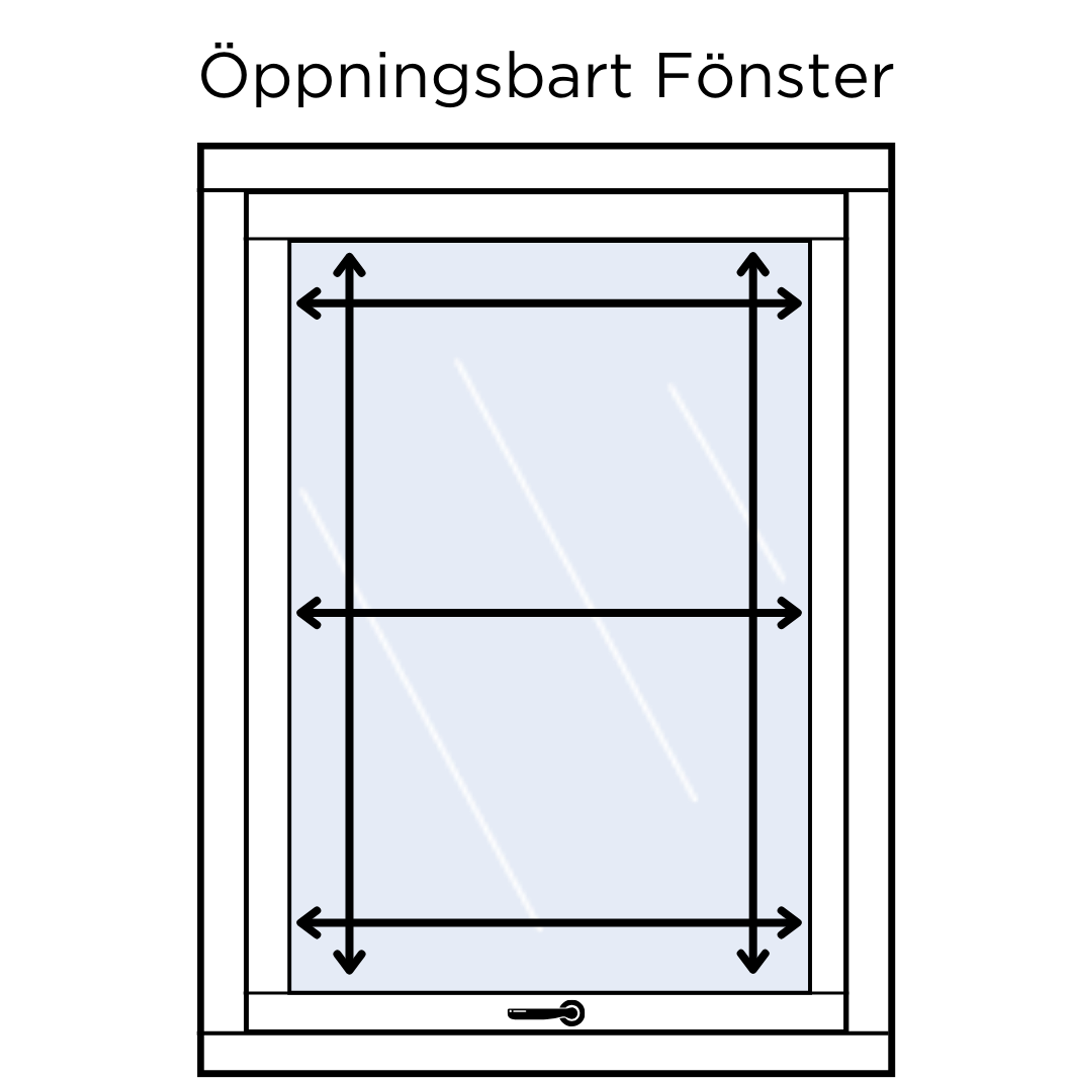 Illustration av ett öppningsbart fönster med svarta markerande pilar som visar hur man ska mäta inför persiennbeställning.