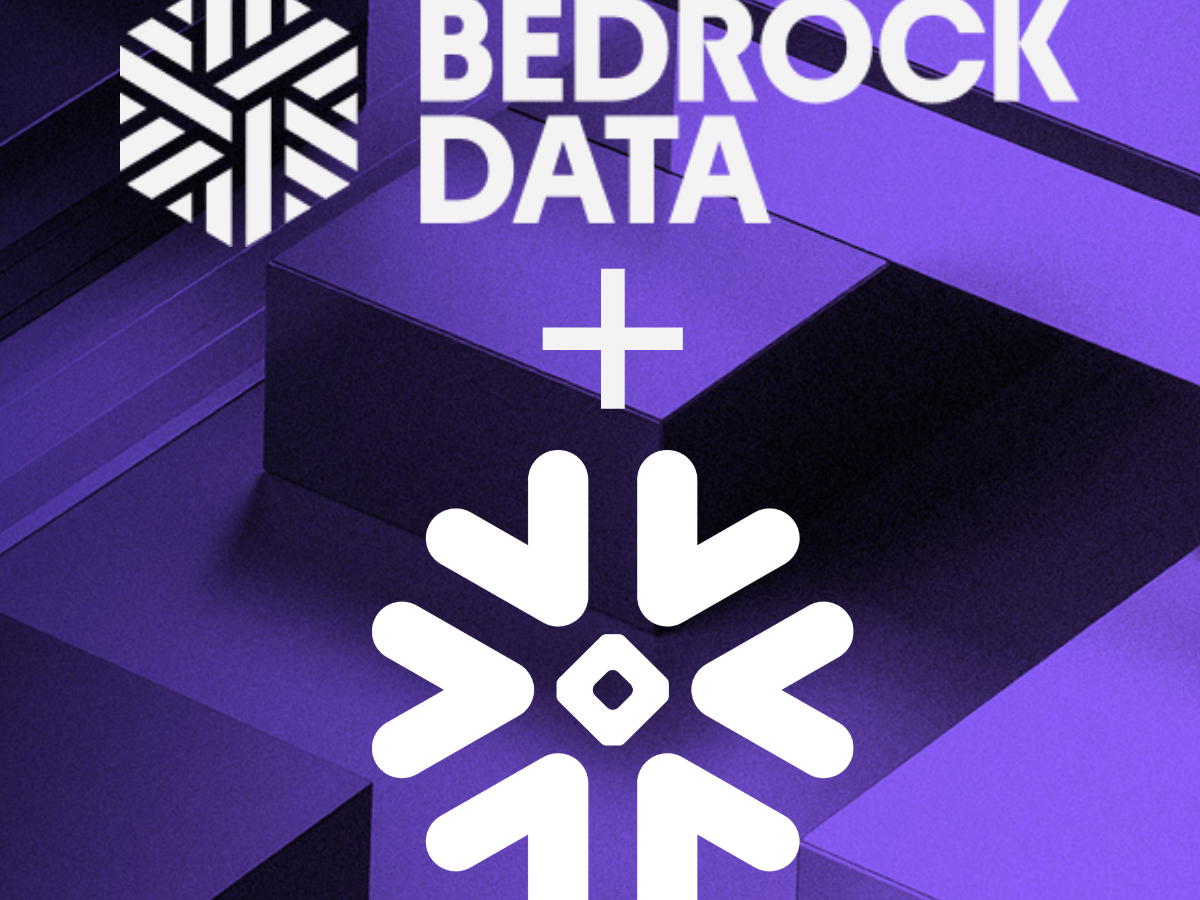 Bedrock Data logo: a white hexagonal icon and text 'BEDROCK DATA' on a purple background with dark abstract geometric shapes.
