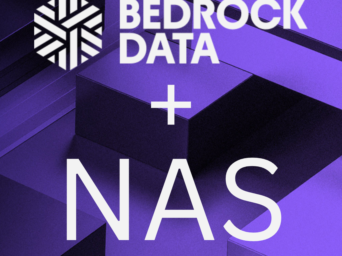 Bedrock Data logo and text "BEDROCK DATA + NAS" on a purple geometric background.