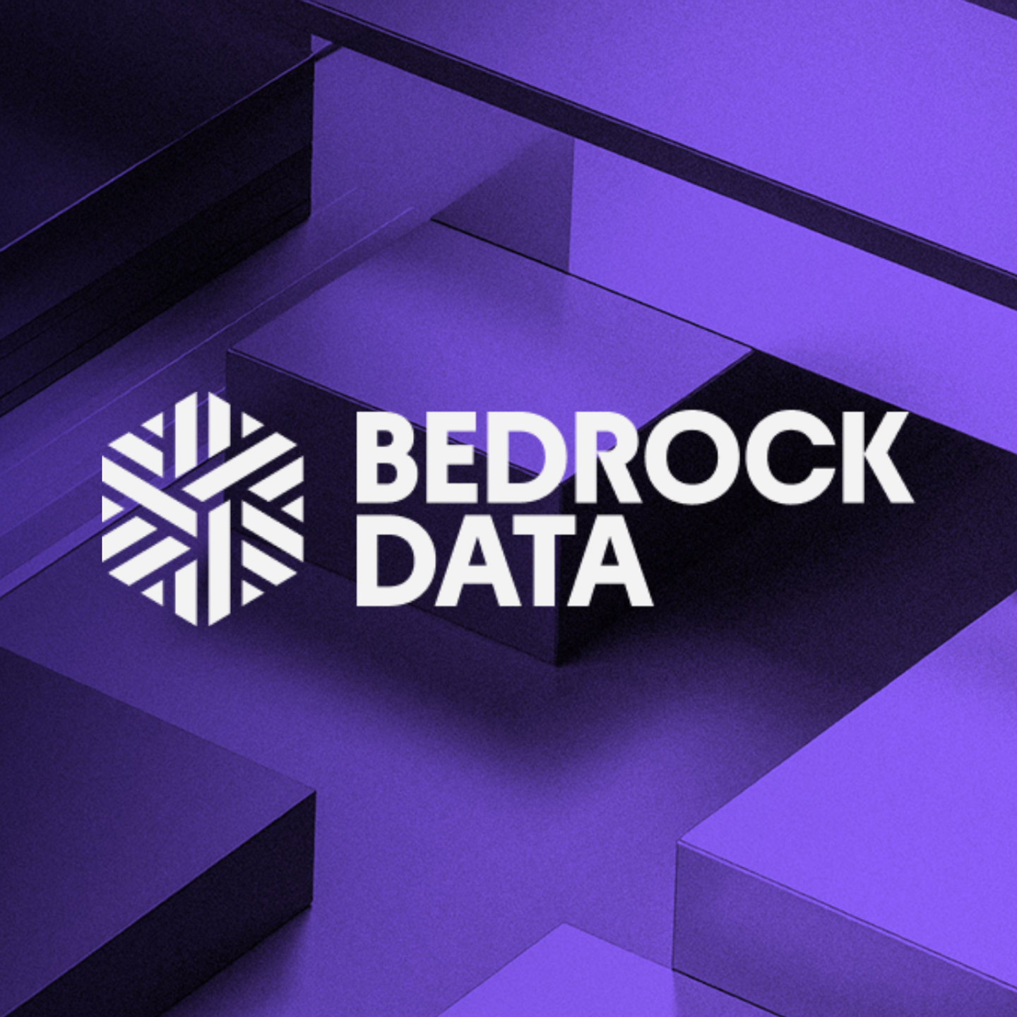 Bedrock Data logo with a hexagonal icon on a purple geometric background.