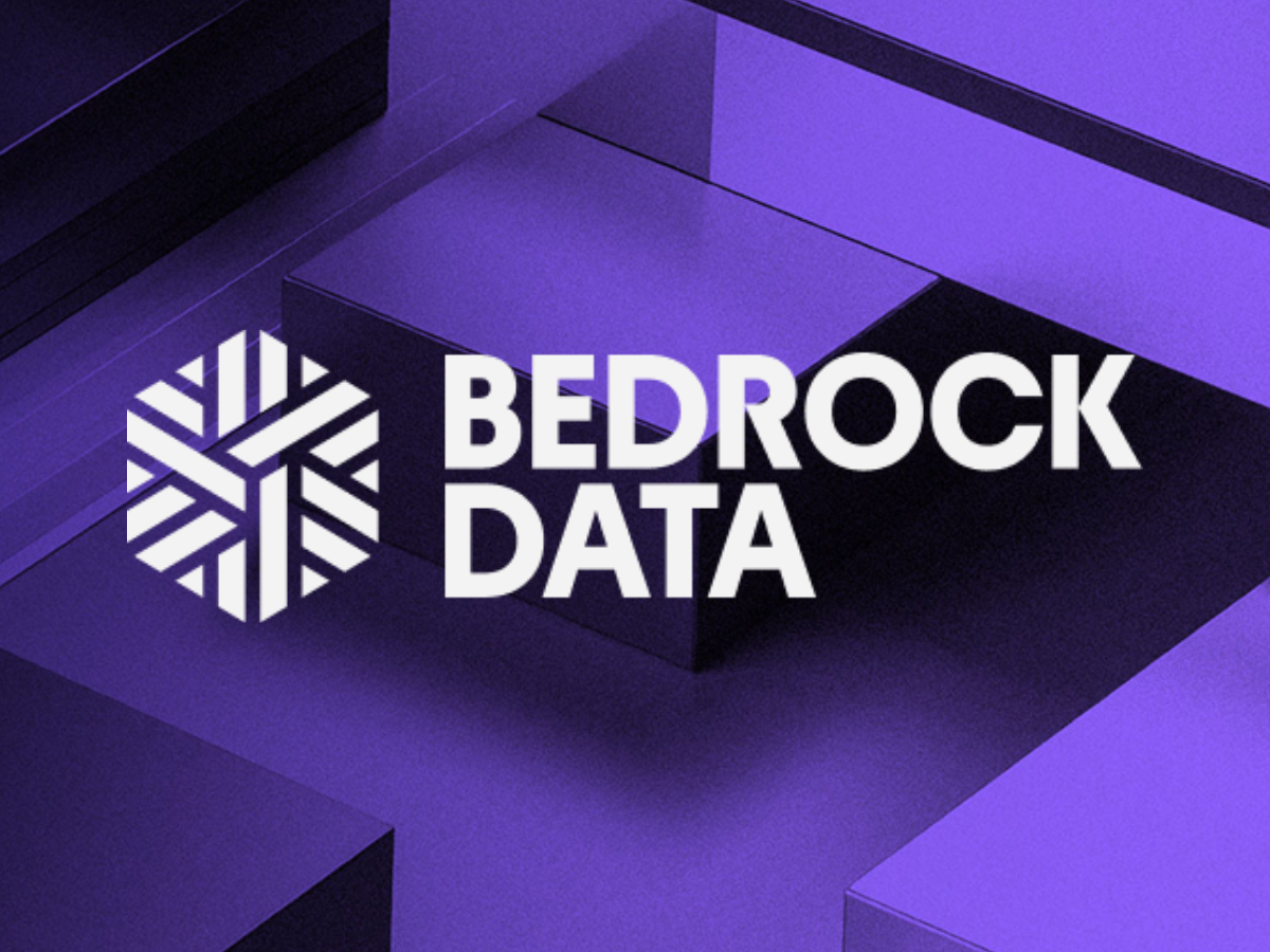 Bedrock Data logo with a hexagonal icon on a purple geometric background.