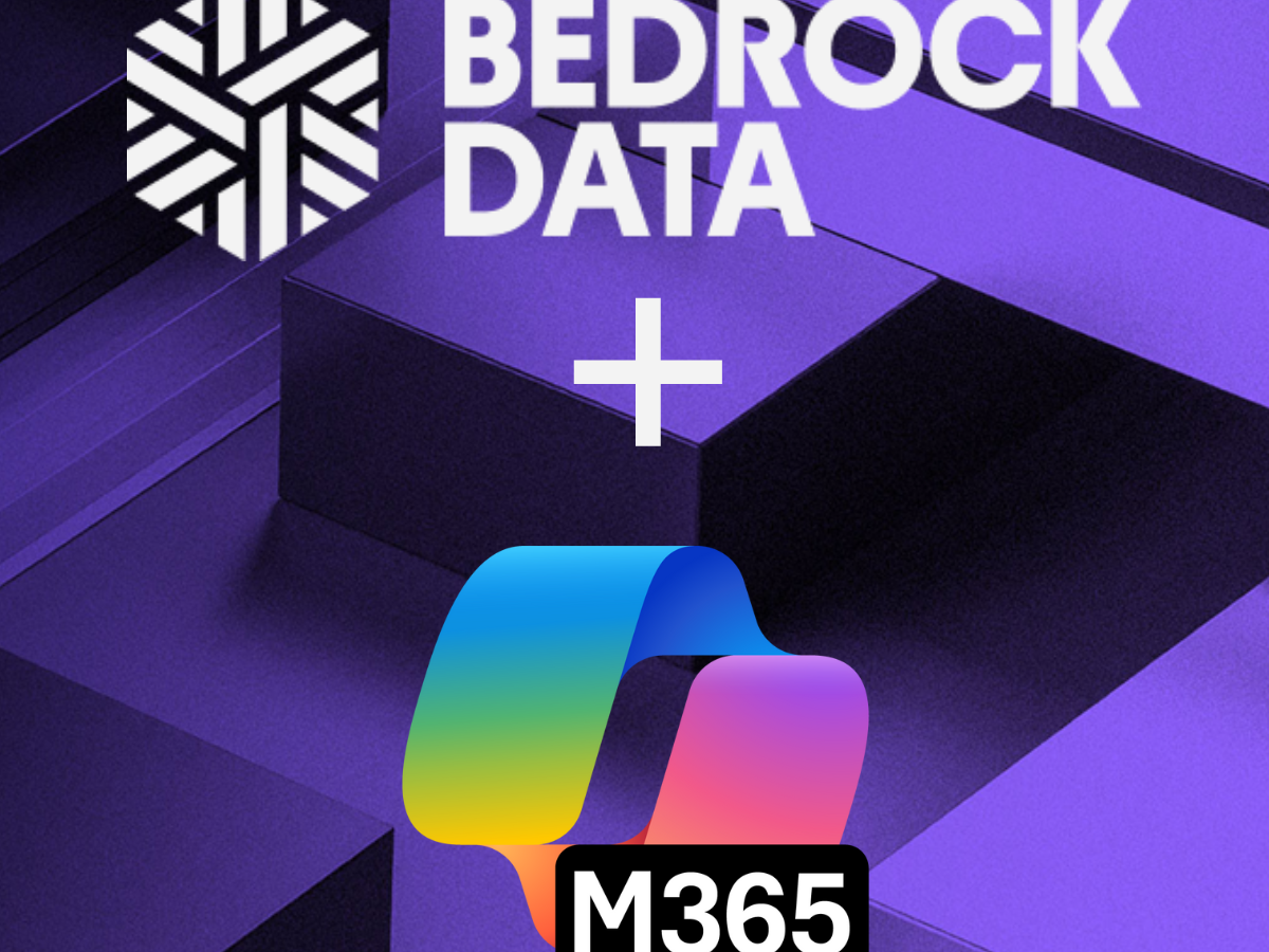 Bedrock Data logo with a white hexagonal symbol and text on a purple geometric background.
