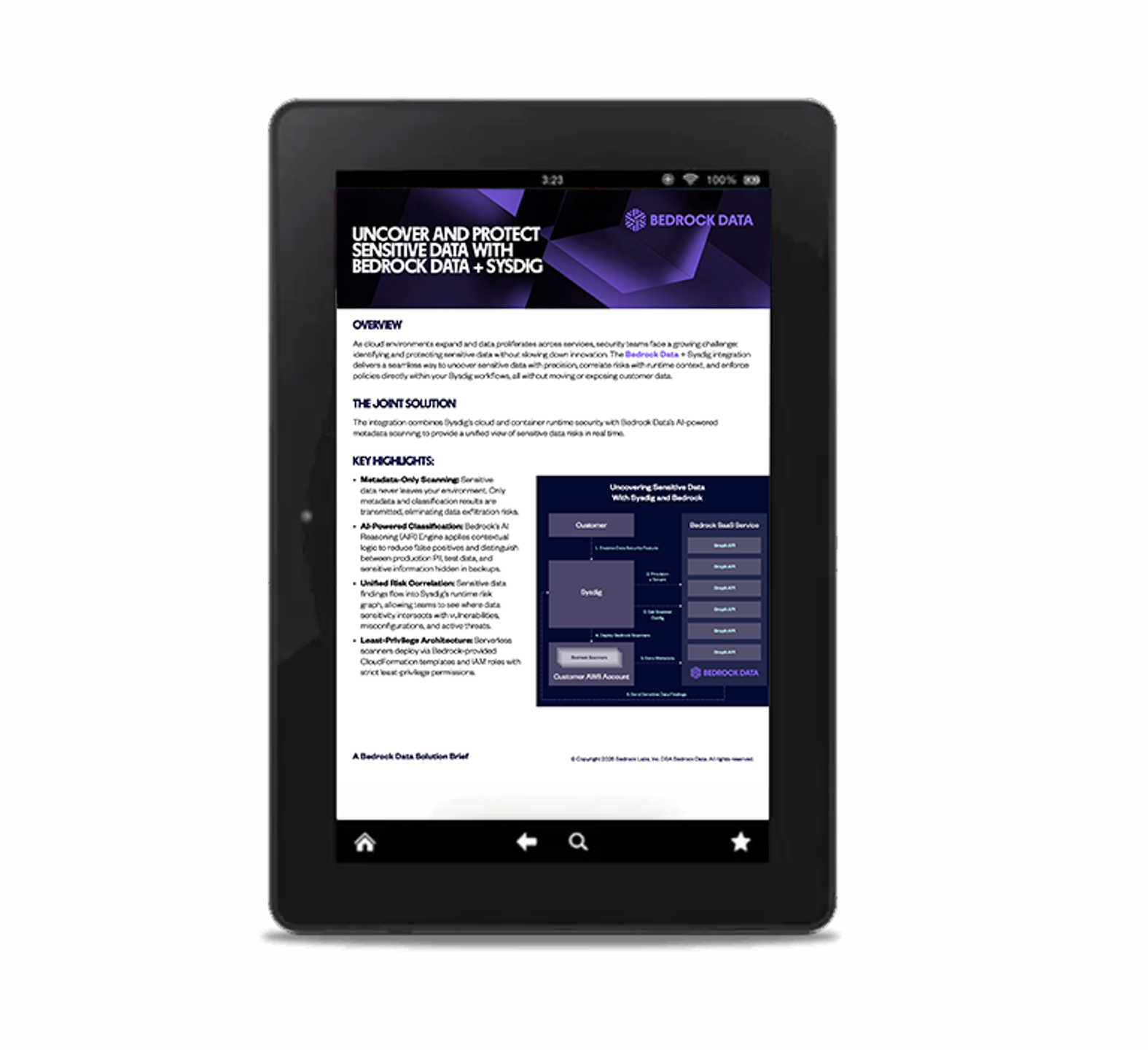 a tablet is open to a page about Bedrock + Sysdig