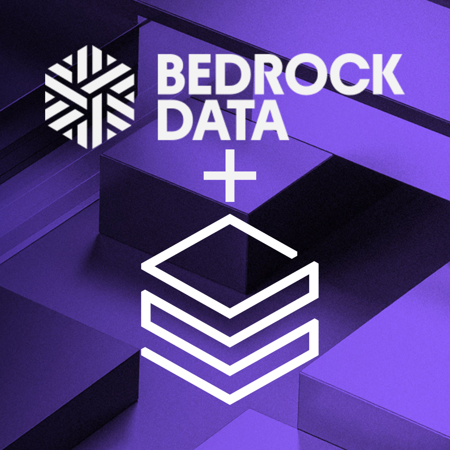 Bedrock Data logo and text with a plus sign and a stacked data icon, all in white on a purple geometric background.