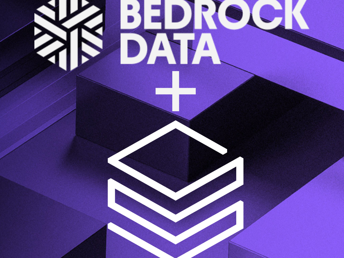 Bedrock Data logo and text with a plus sign and a stacked data icon, all in white on a purple geometric background.