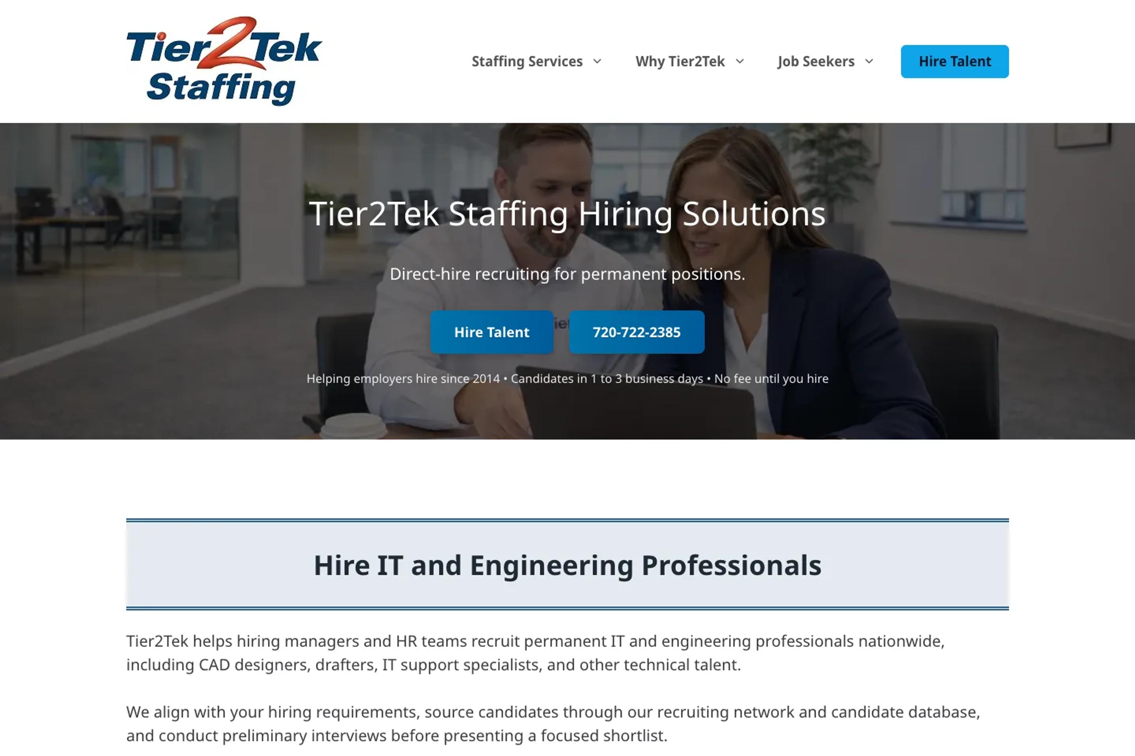 Tier2Tek Staffing website homepage