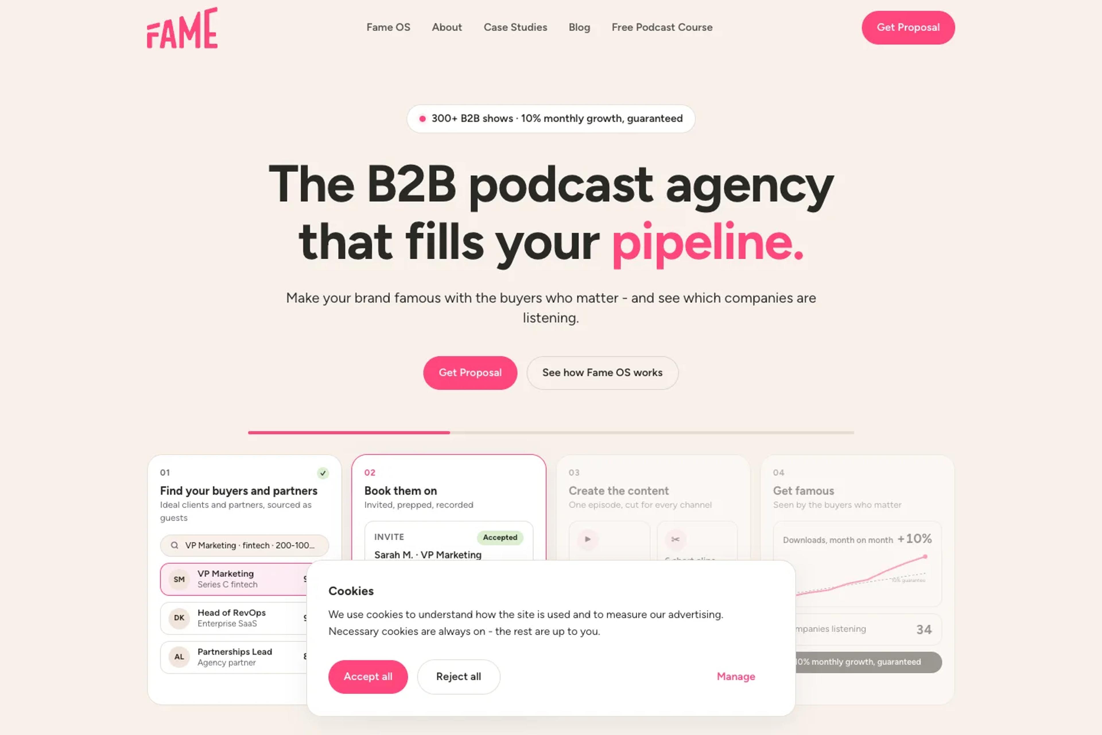 Fame website homepage