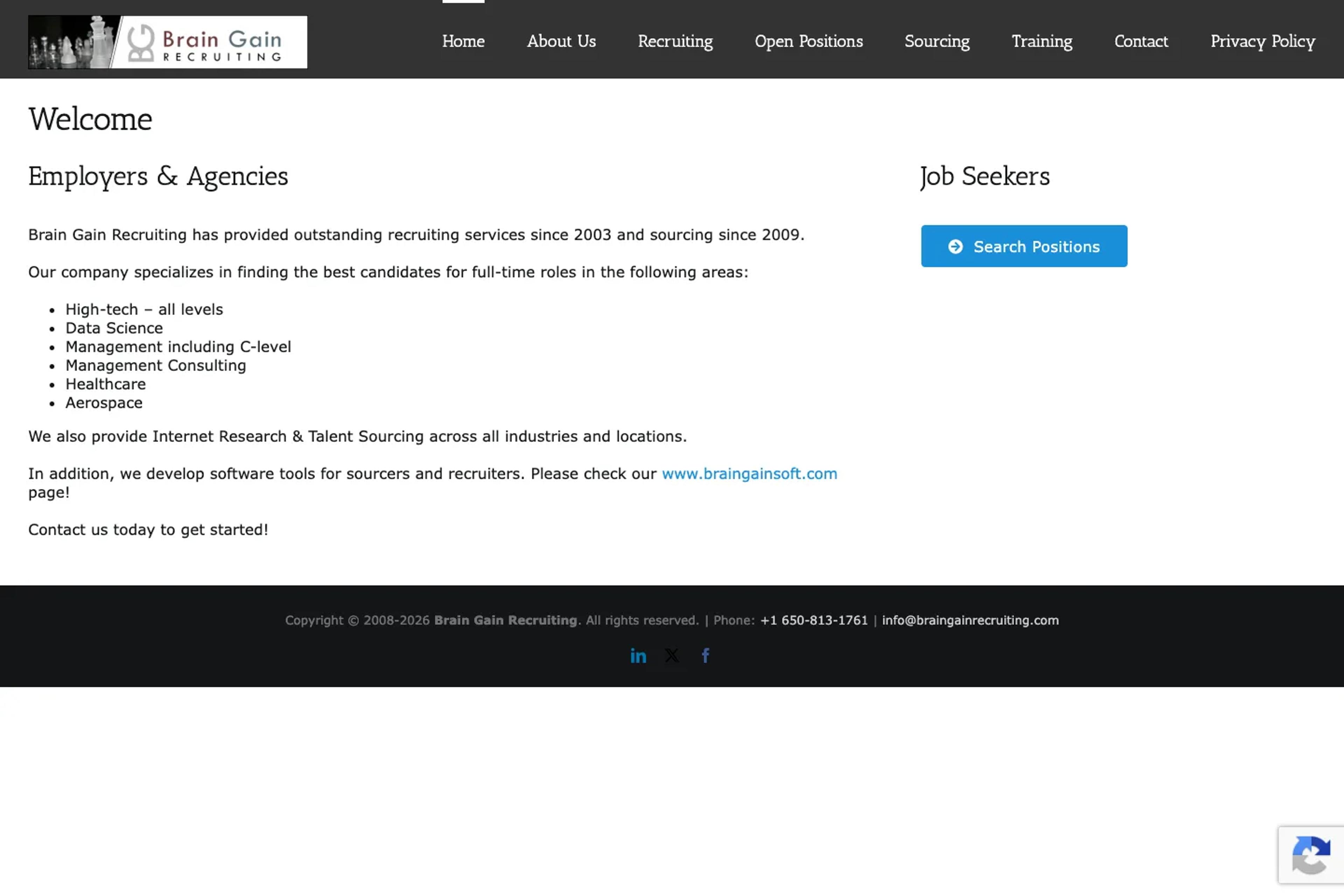 Brain Gain Recruiting website homepage
