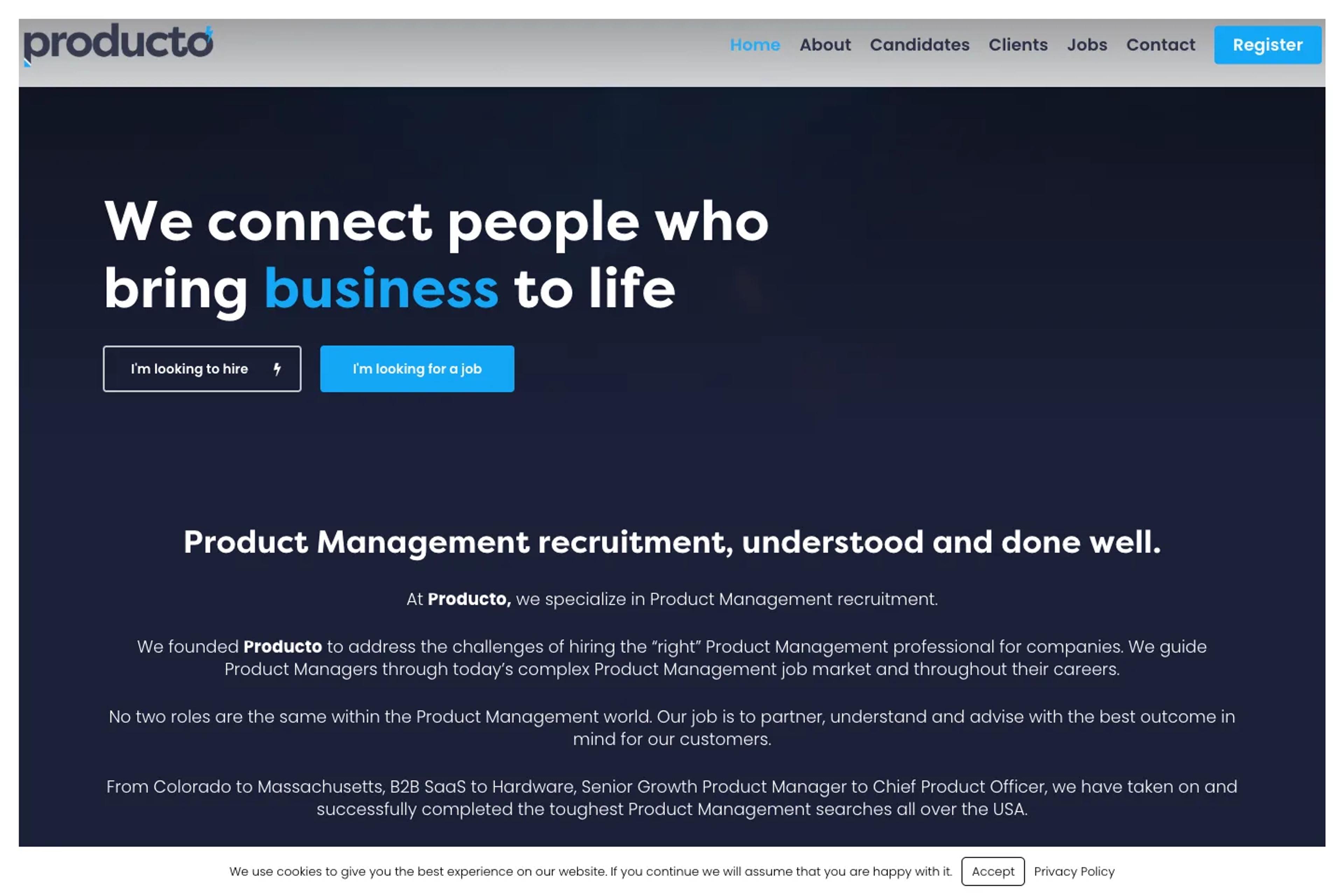 Producto Talent website homepage