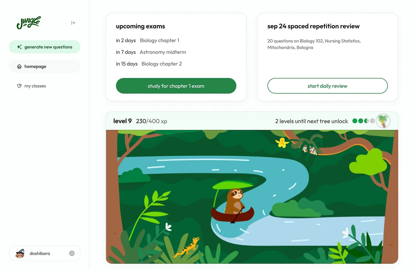 Jungle app interface showing virtual learning tree