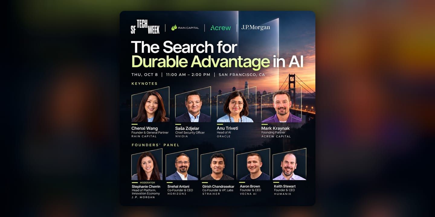 Event poster for The Search for Durable Advantage in AI