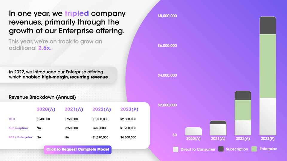 Comprehensive pitch deck revenue breakdown with detailed projections and B2B enterprise growth strategy for investor presentations