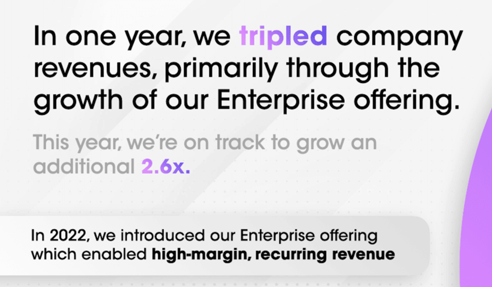 Startup pitch deck slide highlighting enterprise revenue growth story with compelling financial projections narrative