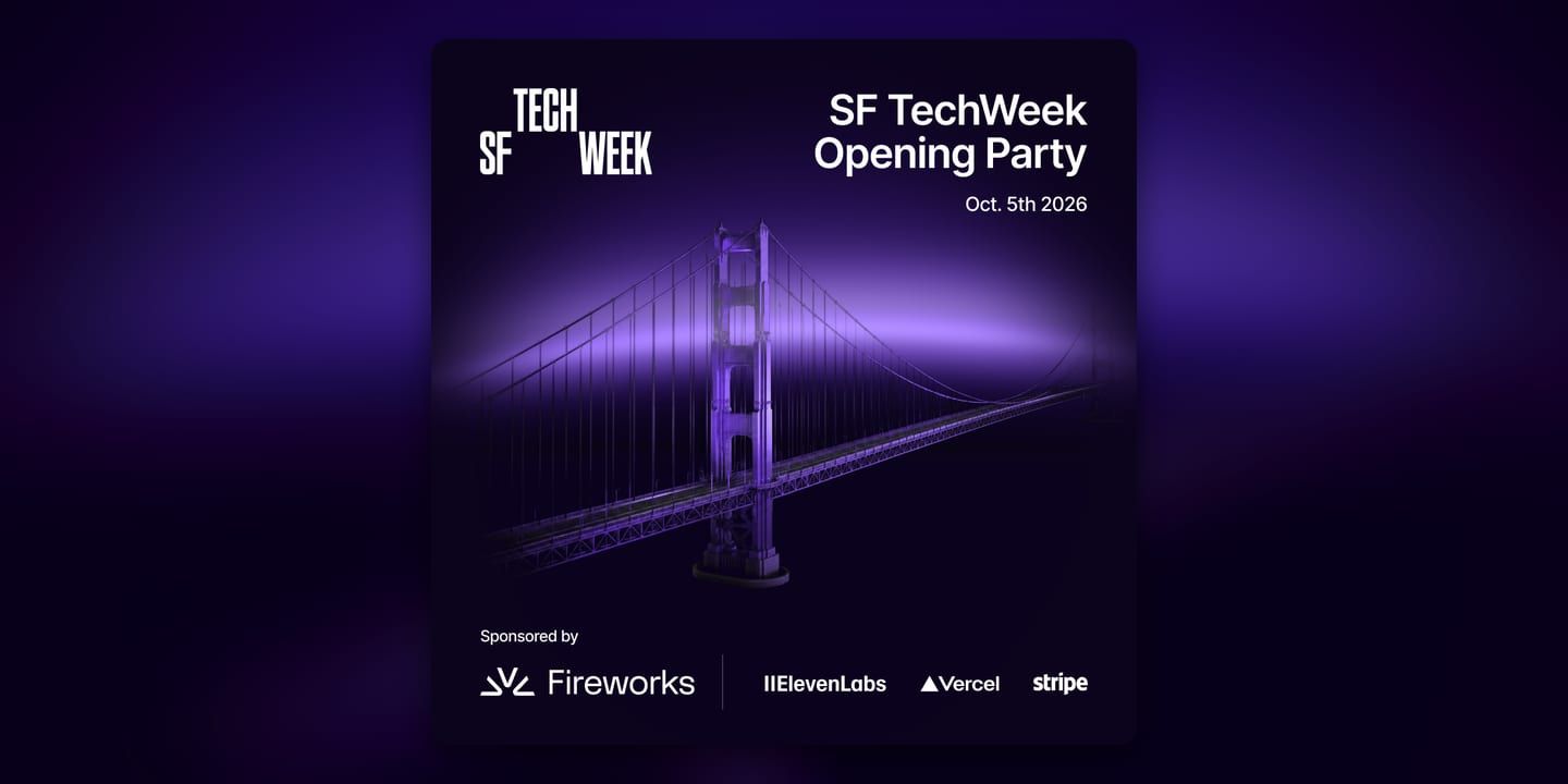 Event poster for Fireworks x a16z Official Tech Week Kickoff
