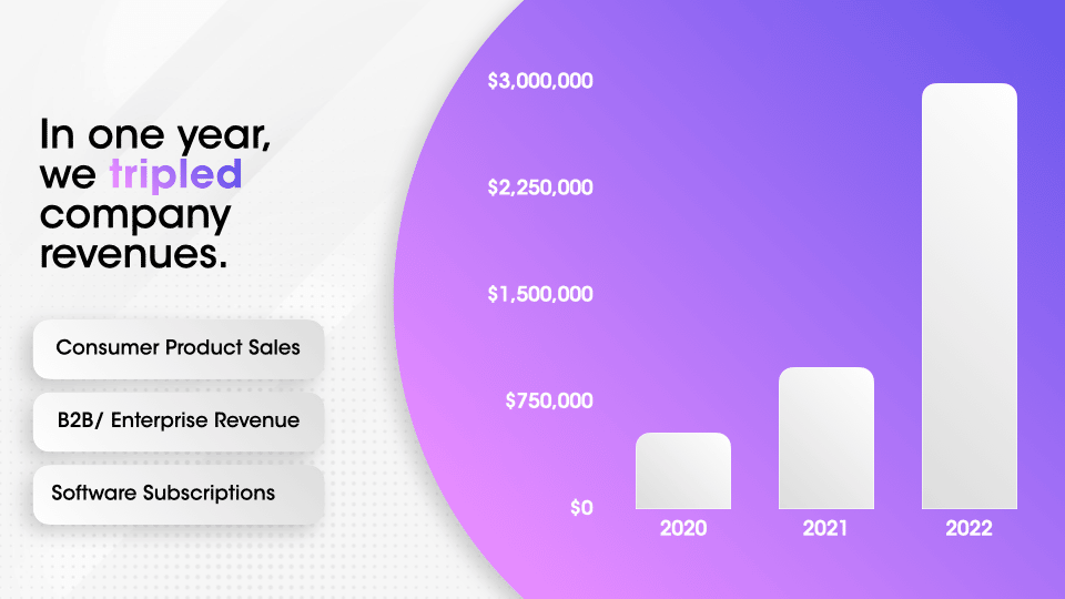 Teaser deck revenue slide showing 3x year-over-year growth with three diversified revenue streams for startup fundraising