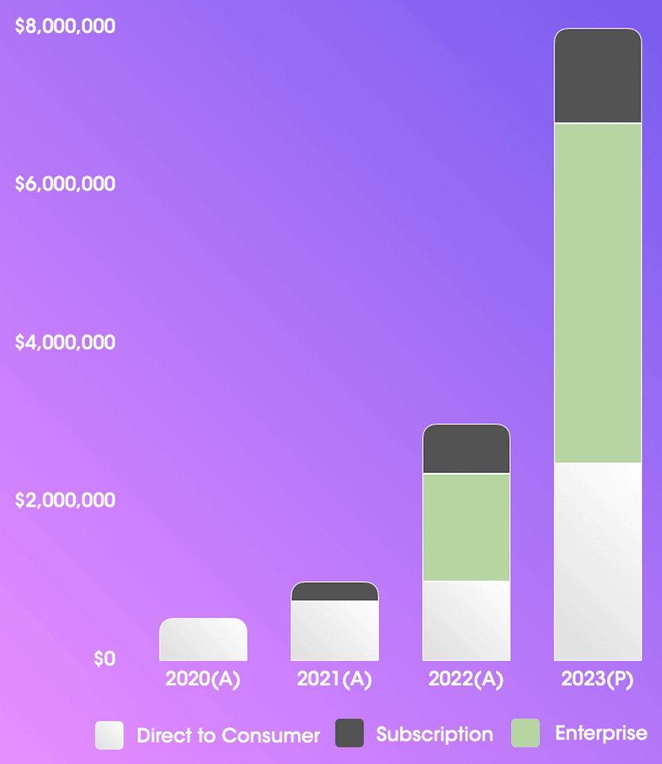 Stacked bar chart visualizing diverse revenue streams from direct-to-consumer, subscription, and enterprise offerings over time