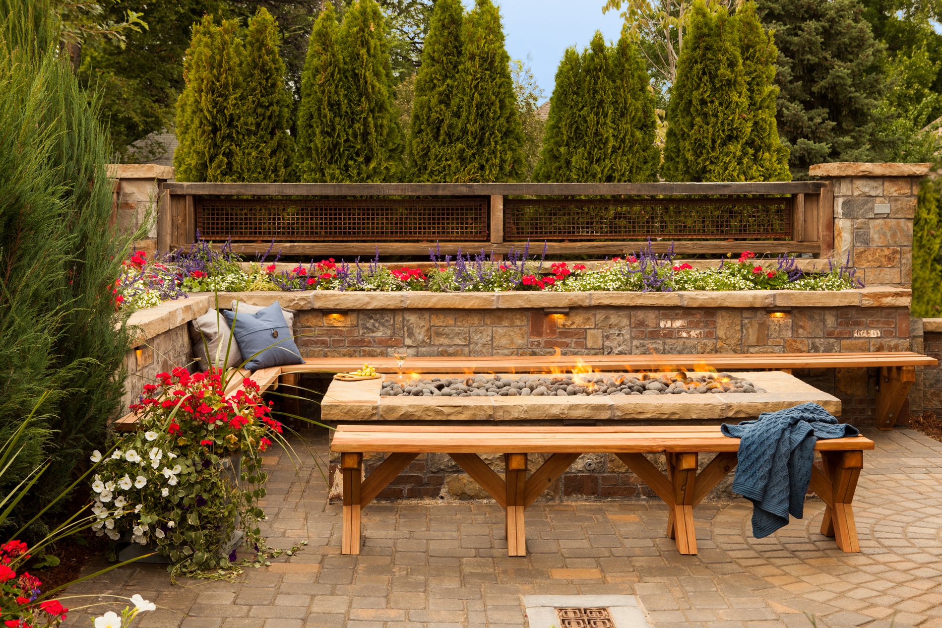 Linear Gas Fire Pit with Built-in Bench and Planter