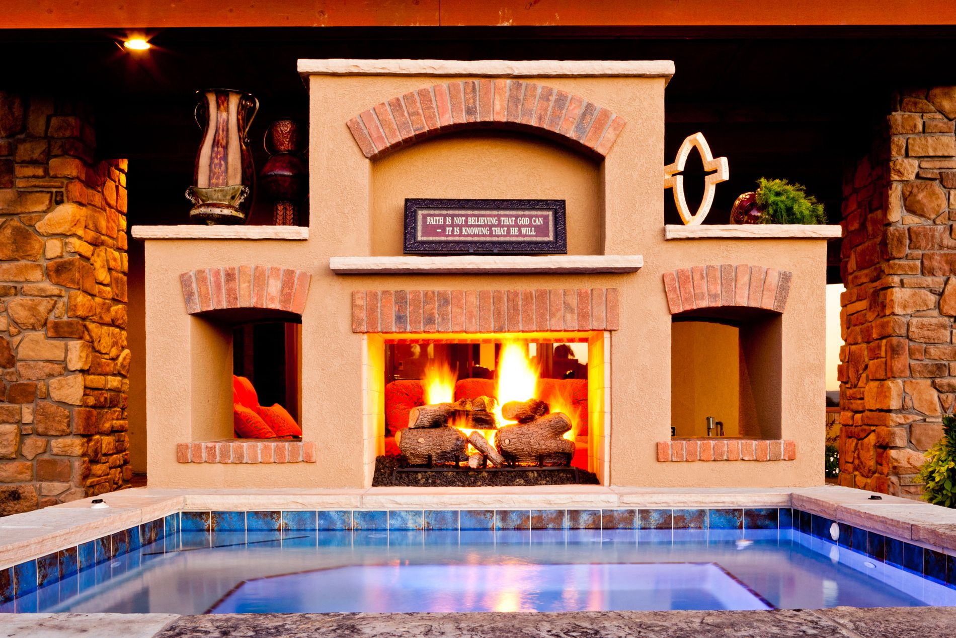See Through Outdoor Fireplace with Hot Tub