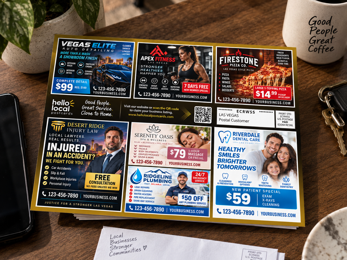 Hello Local shared postcard featuring multiple non-competing Las Vegas business advertisements