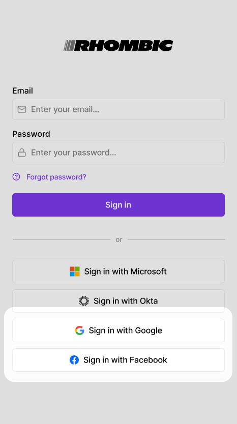 Login page with "Sign in with Google" and "Sign in with Facebook" options