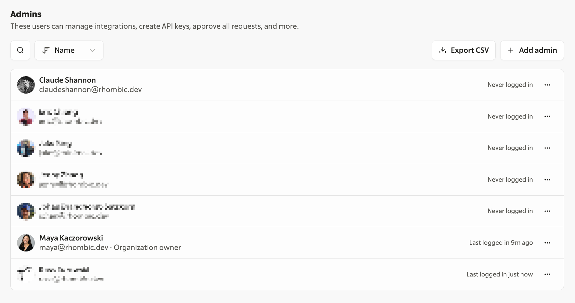 Admins list in Oblique, showing: user, email, whether they are the organization owner, and when they last logged in.