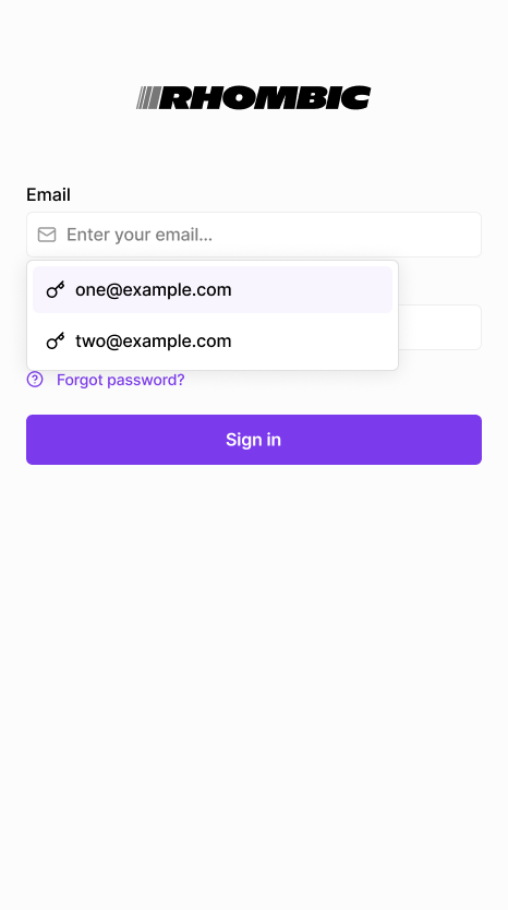 Login page with option to select a saved account, like one@example.com or two@example.com