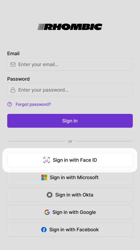 Login page with "Sign in with Face ID" option