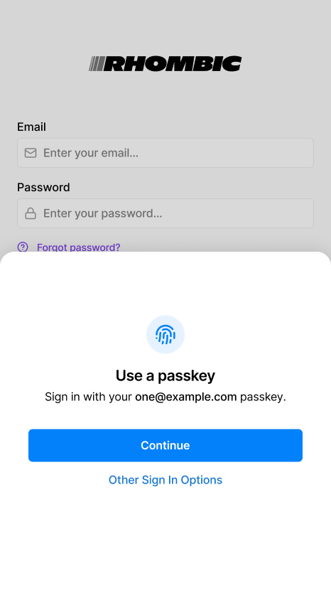 Login page with dialog to "Use a passkey"