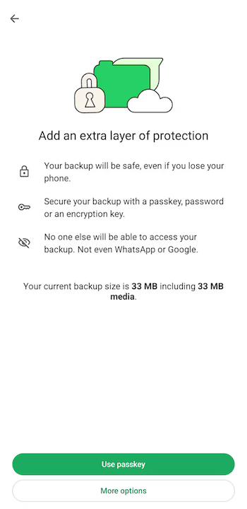 WhatsApp chat backup encryption options