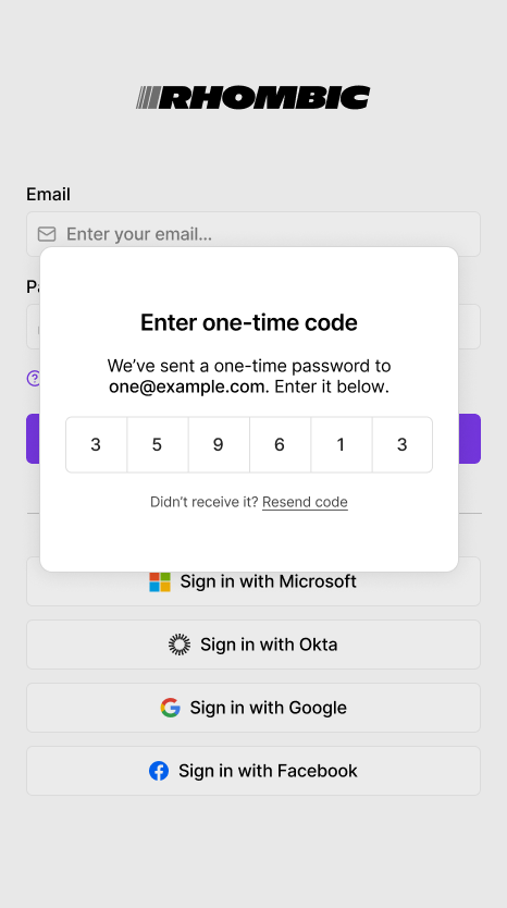 Login page with a dialog to "Enter one-time code"