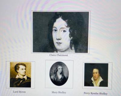 portraits of Claire Clairmont, Lord Byron, Mary Shelly, and Percy Bysshe Shelley