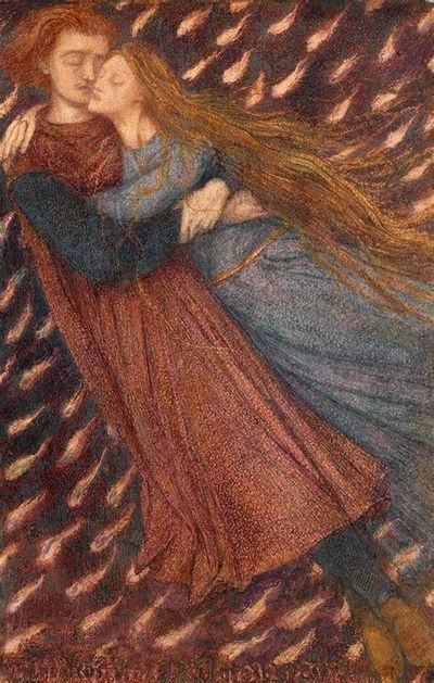 man with red hair and burgundy robe laying on abstract ground holding a woman with red flowing hair