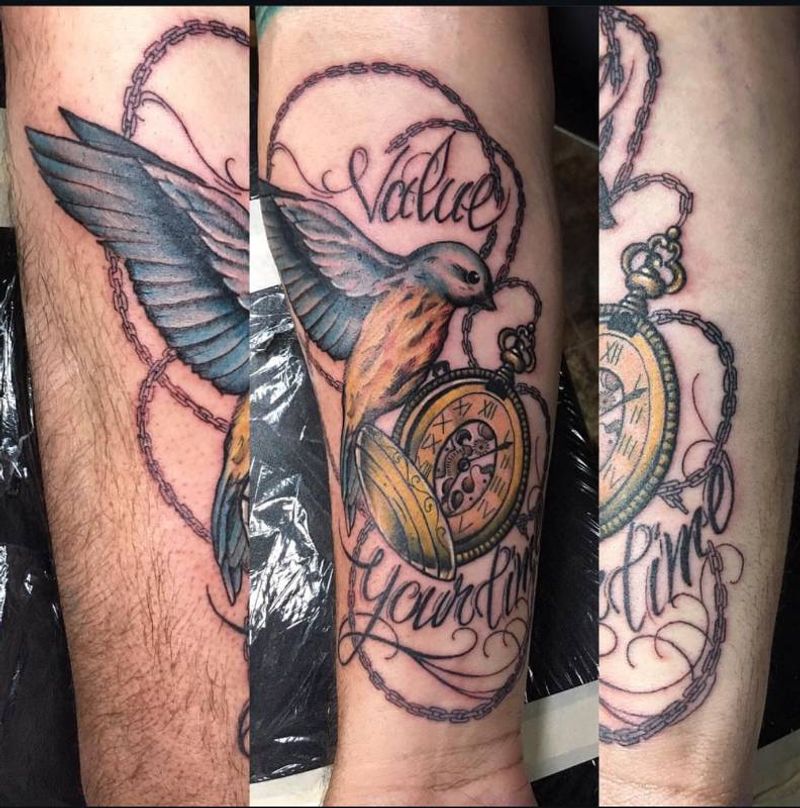Colorful Neo Traditional bird and watch tattoo on forearm