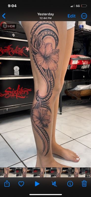 Tribal Floral Leg Tattoo Design