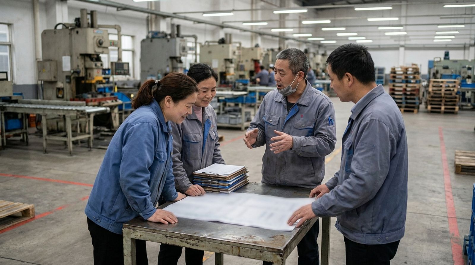 Workers and a union representative meeting around a table on a Chinese factory floor, reviewing a production schedule