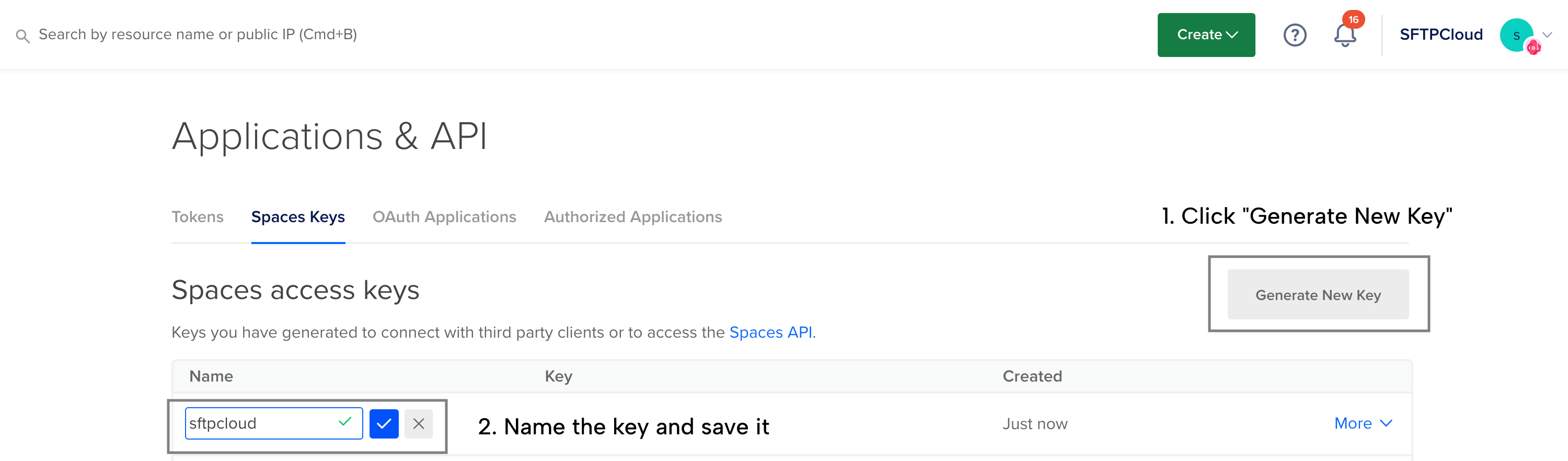 DigitalOcean Spaces Keys page