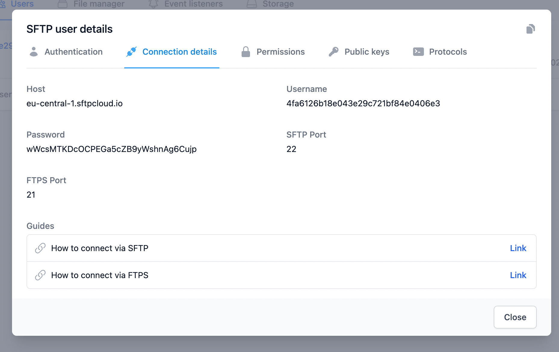 SFTP/FTPS connection details