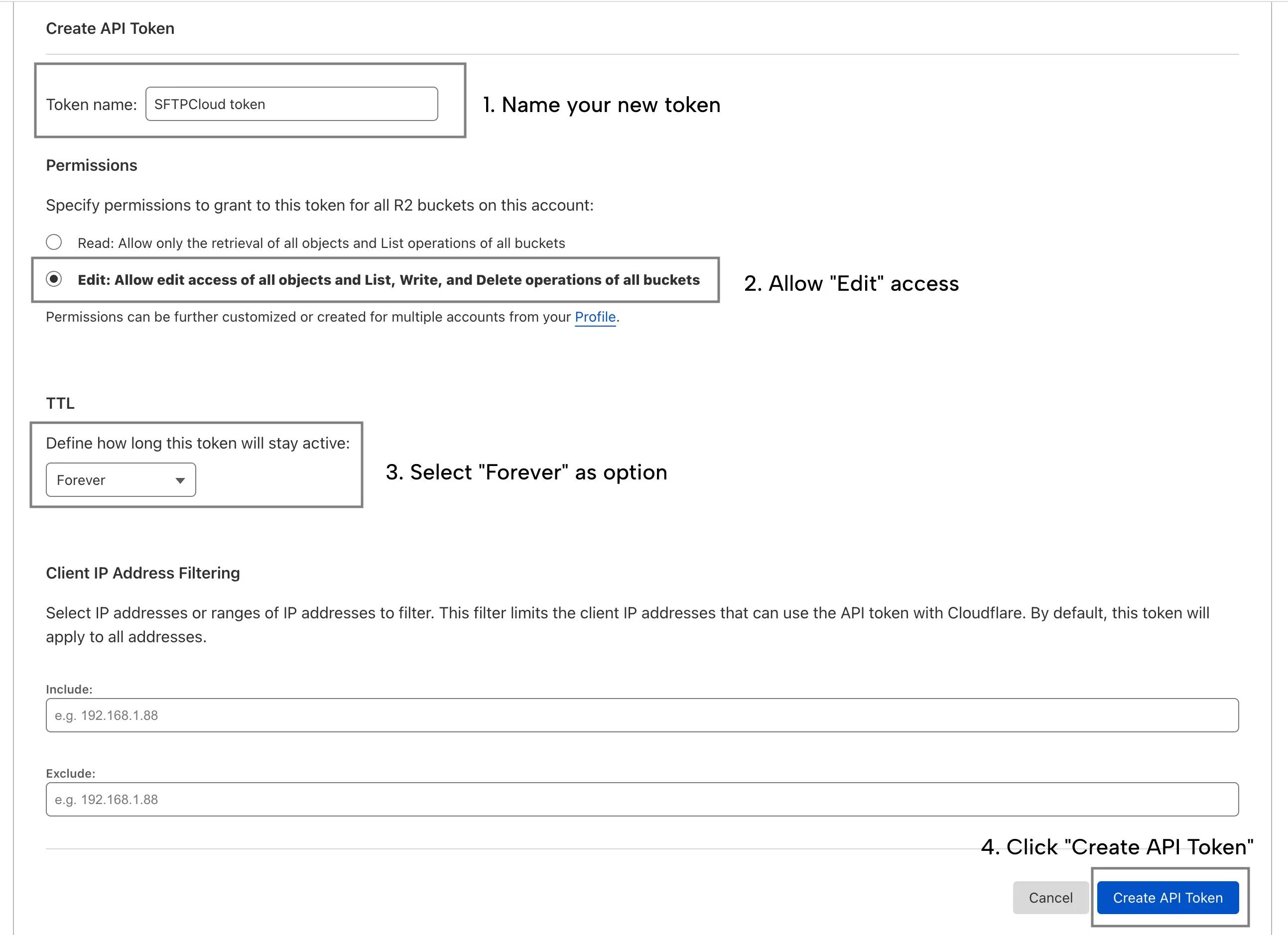 Cloudflare R2 page to create a new R2 API Token