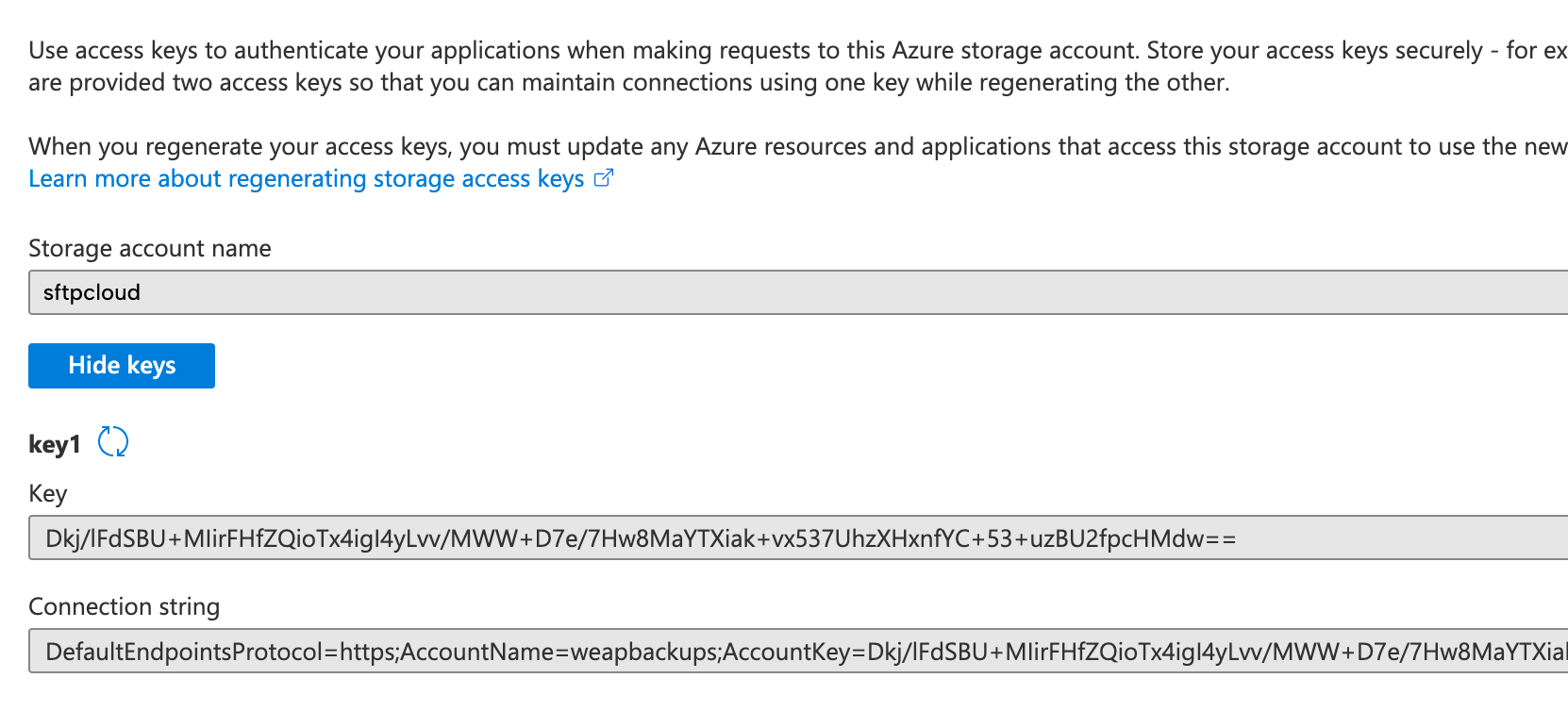 View Azure Blob access keys