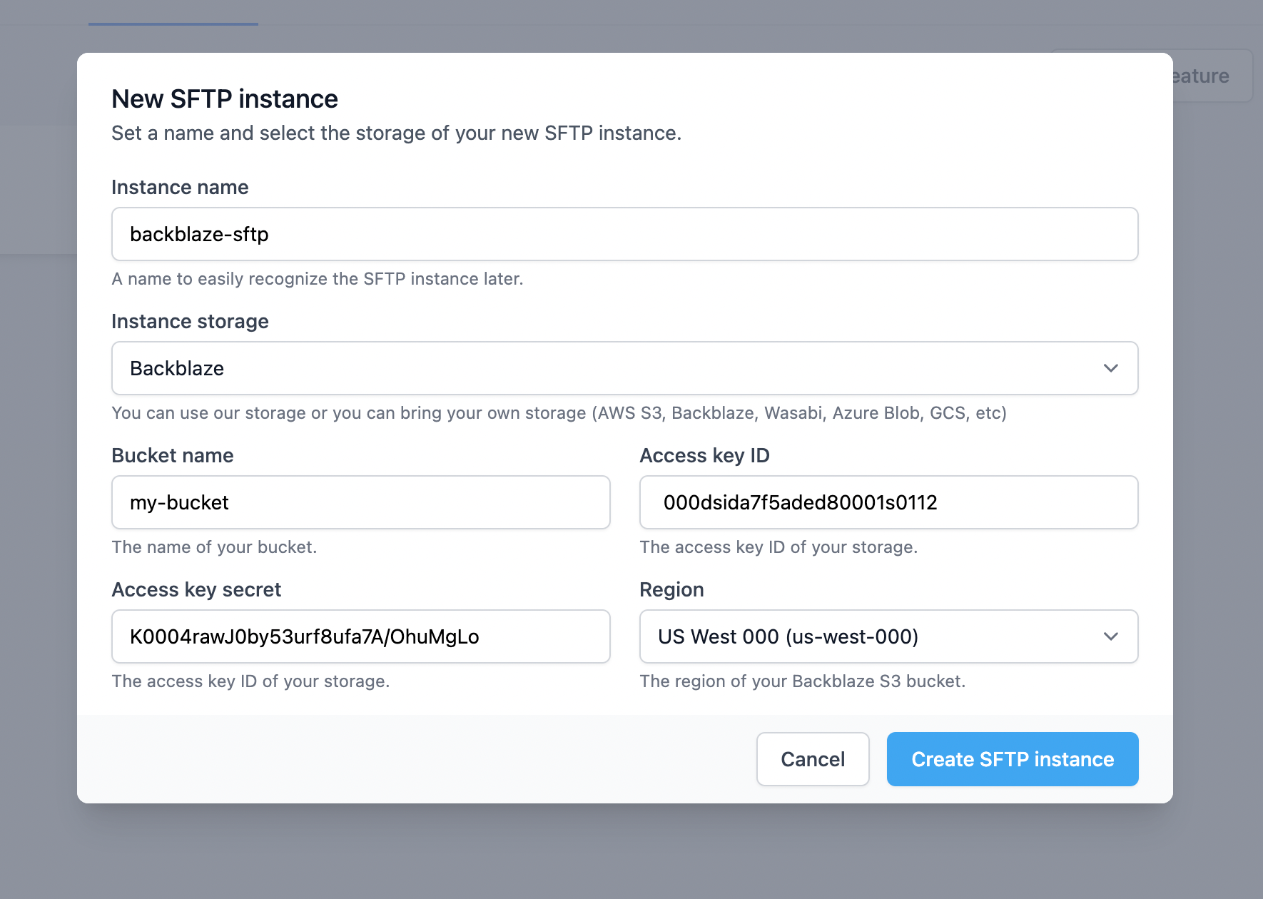 Provide the Backblaze B2 details to be used as storage of the new SFTP/FTPS instance