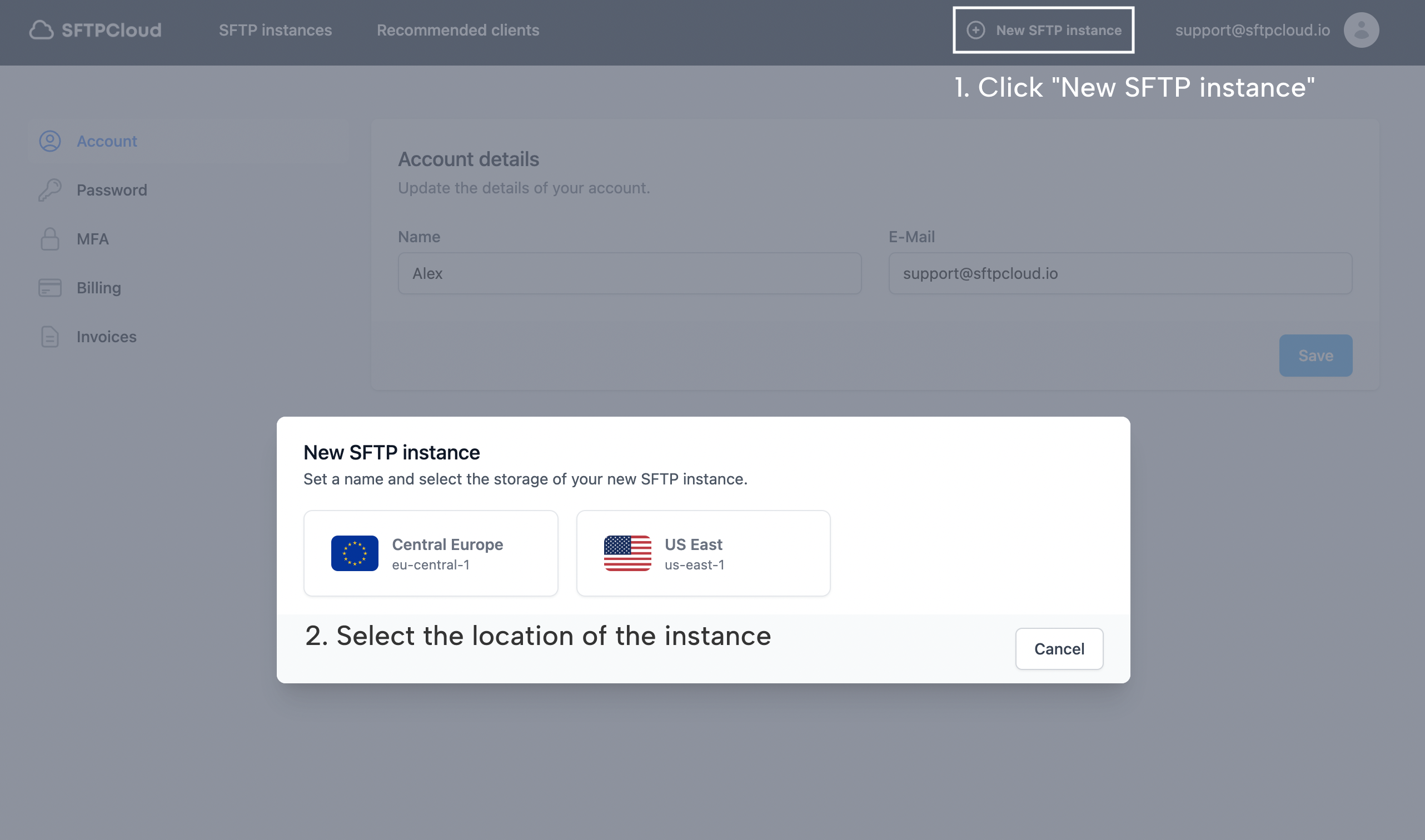 Select the location of the SFTP instance