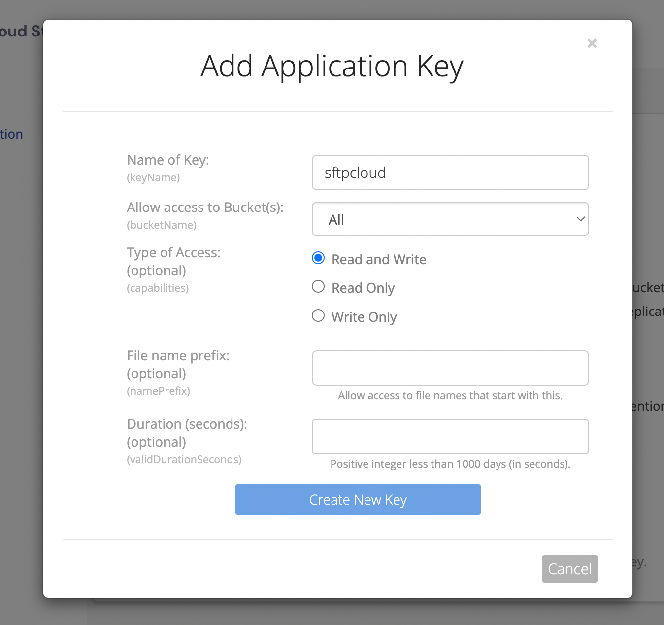 Create a new Backblaze B2 application key