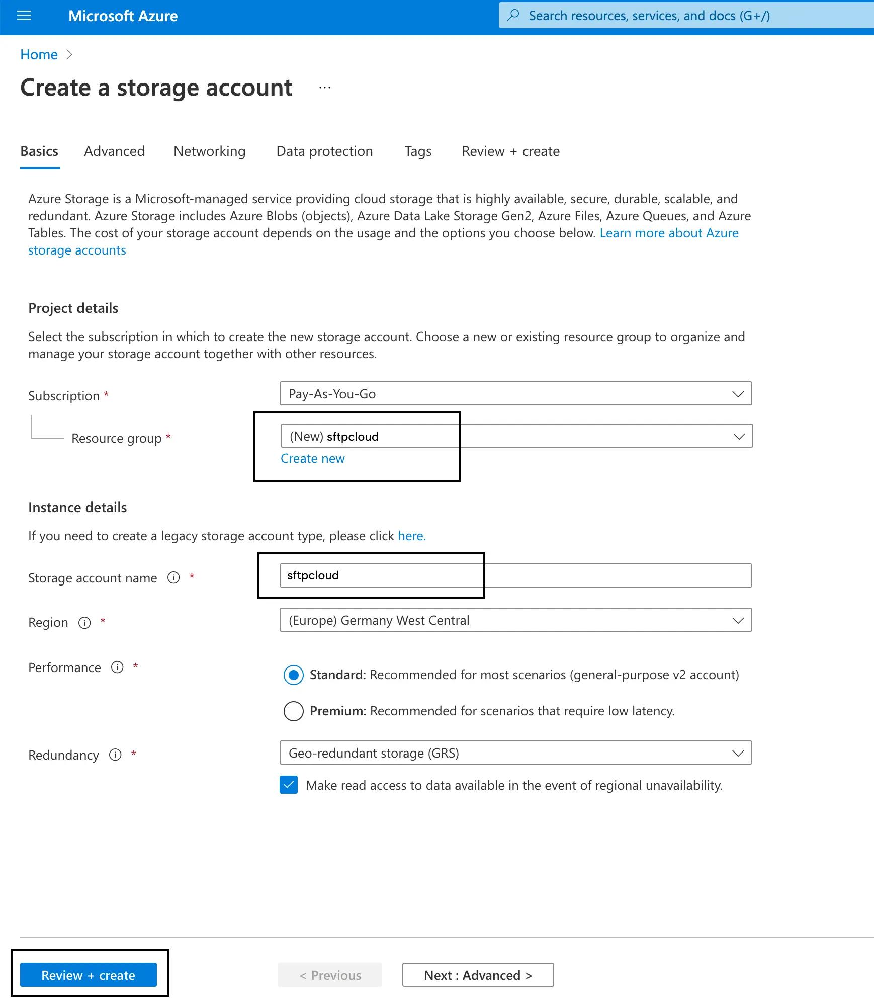 Create a new Azure Blob storage account