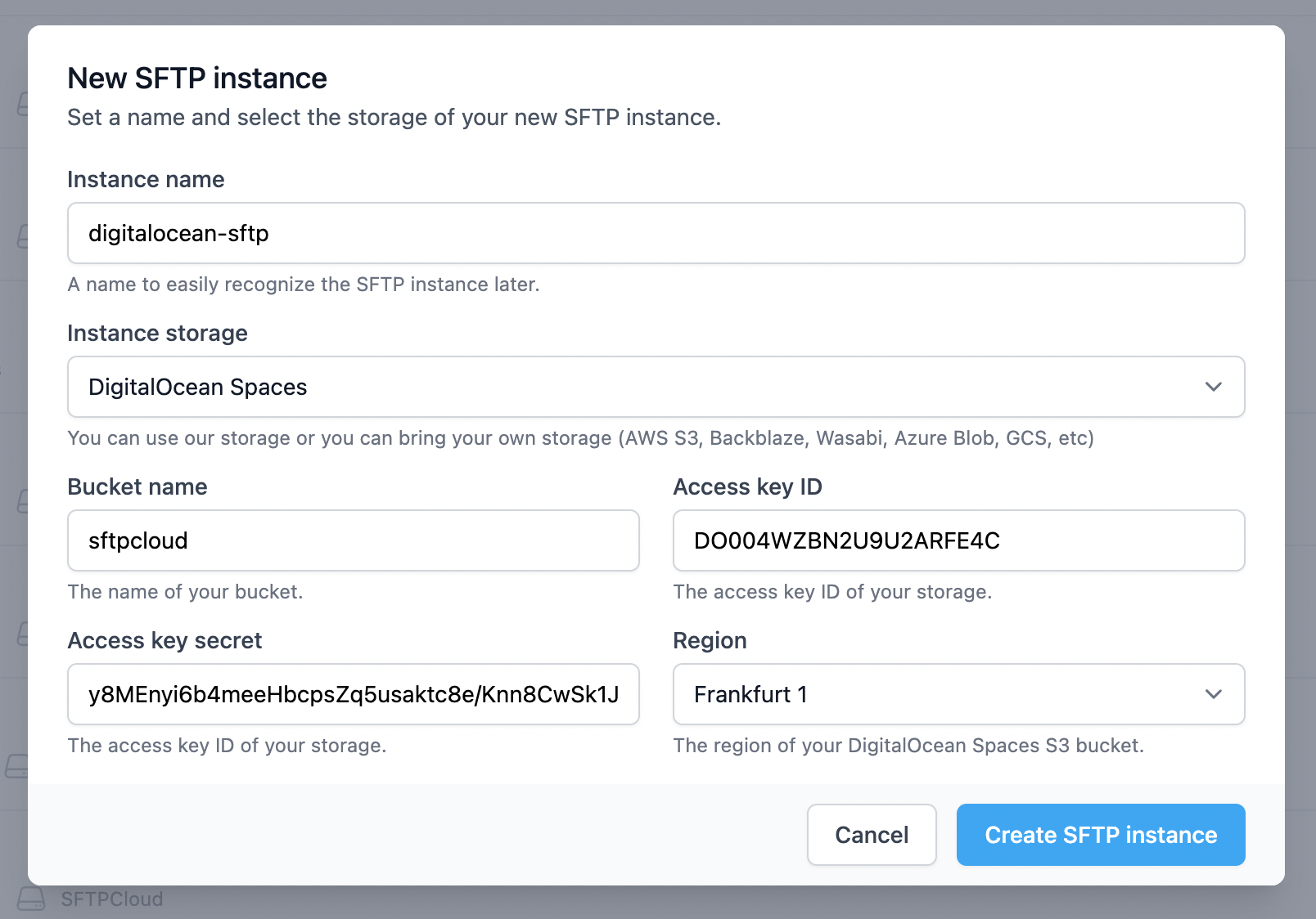 Provide the DigitalOcean Spaces details to be used as storage of the new SFTP/FTPS instance