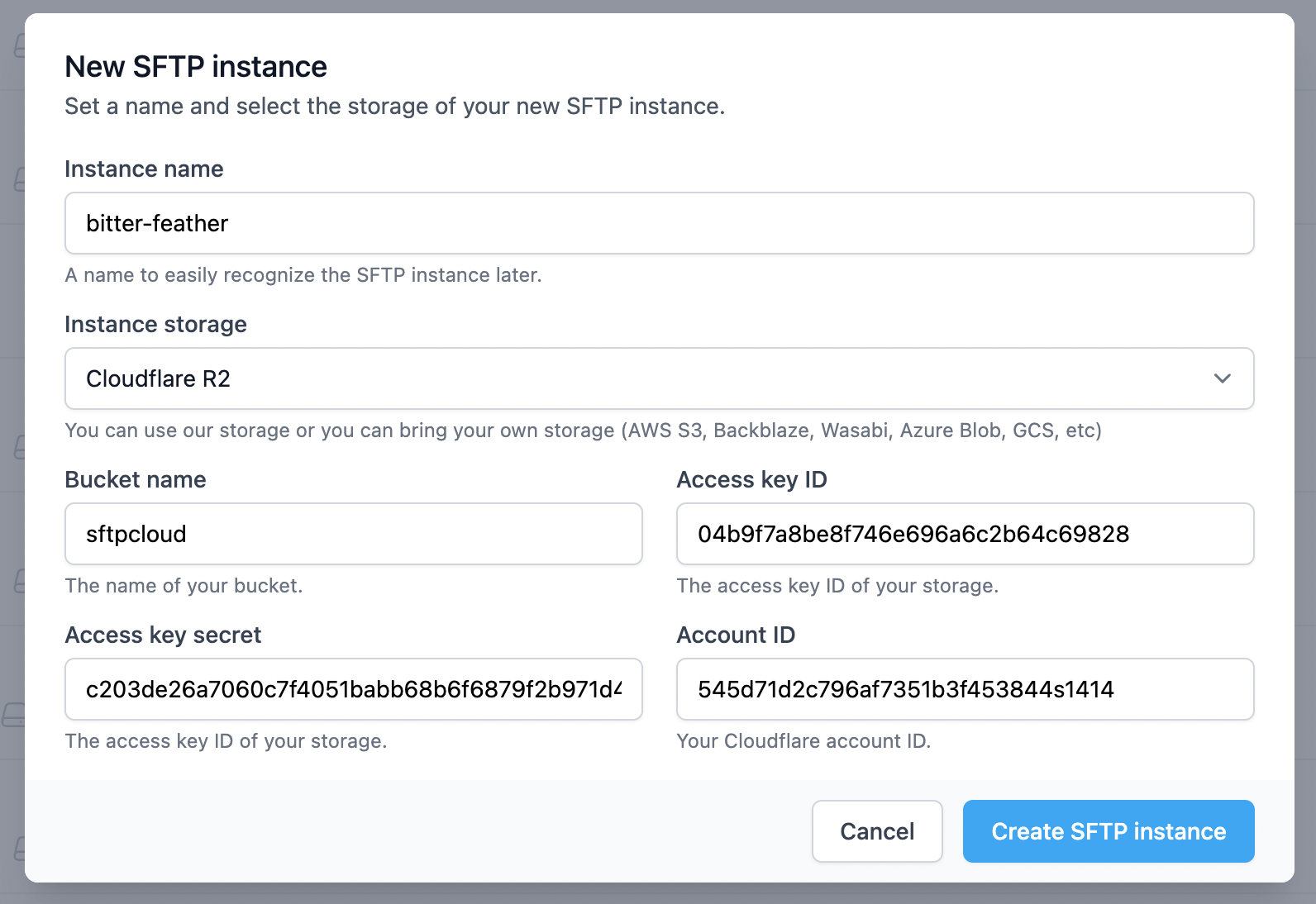 Provide the Cloudflare R2 details to be used as storage of the new SFTP/FTPS instance